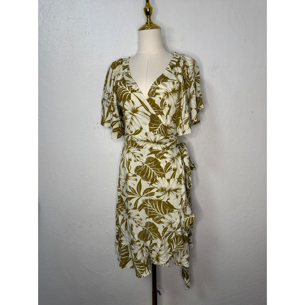 Aakaa Palm Leaf Women's Medium Mini Wrap Dress Ruffle Botanical Coastal Boho NEW